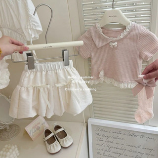 Set áo hồng cổ ren kèm chân váy bí đính nơ xinh xắn đáng yêu cho bé