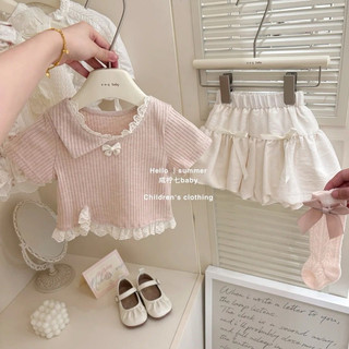 Set áo hồng cổ ren kèm chân váy bí đính nơ xinh xắn đáng yêu cho bé