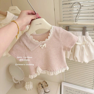 Set áo hồng cổ ren kèm chân váy bí đính nơ xinh xắn đáng yêu cho bé