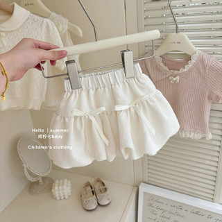 Set áo hồng cổ ren kèm chân váy bí đính nơ xinh xắn đáng yêu cho bé
