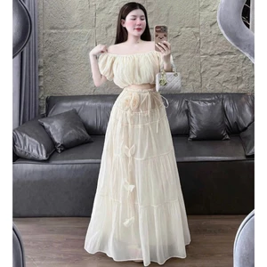 set áo croptop trễ vai dáng bí phồng mix chân váy maxi xòe tầng sang chảnh chất tơ nến cao cấp có mút có lót