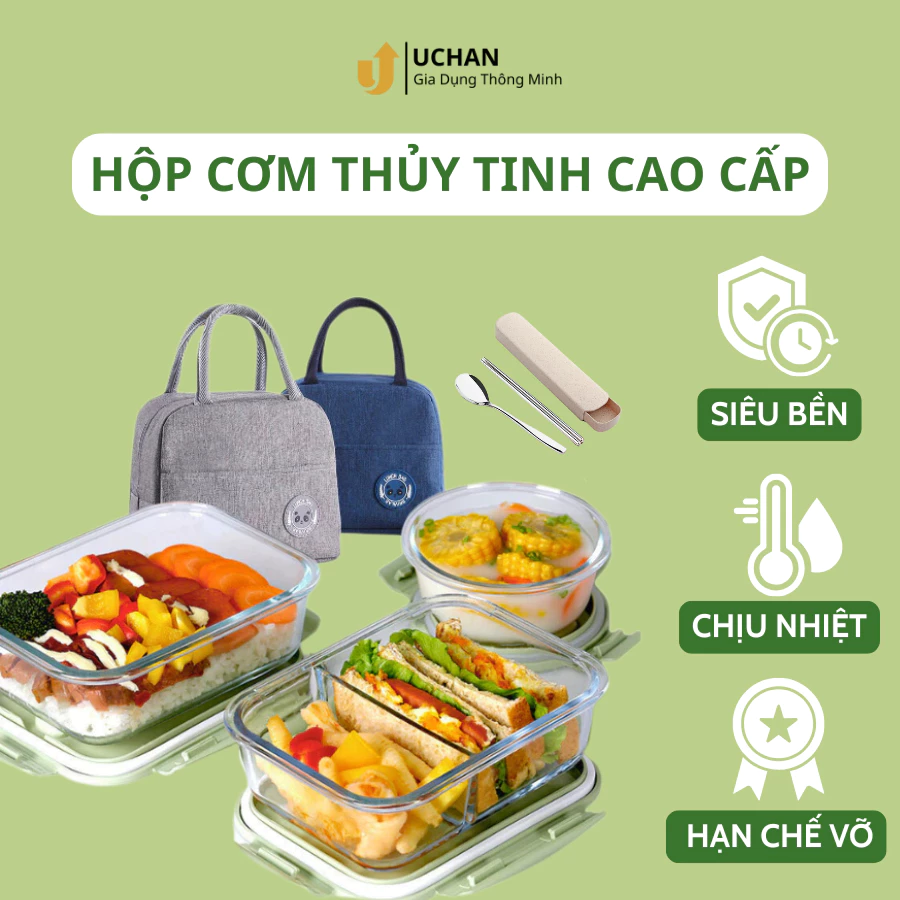 Hộp cơm thủy tinh văn phòng chia ngăn chống tràn UCHAN chịu nhiệt dùng được trong lò vi sóng SP08