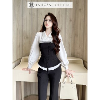 Set Công Sở Thanh Lịch La Rosa Áo Sơ Mi Dài Tay Trắng Phối Đen Mix Quần Ống Đứng Tôn Dáng S876