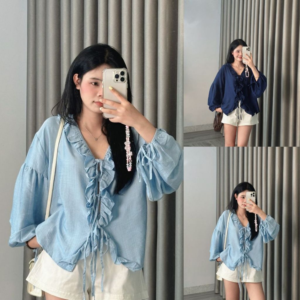 Áo  Sơ Mi Tơ Xước Tay Dài Bèo Nhún Phong Cách Hàn Quốc Thanh Lịch, Nữ Tính JOOLATE 1211_P0k16