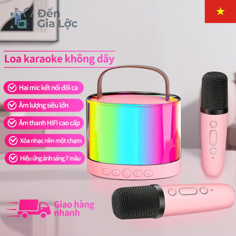 Loa không dây Mini Bluetooth dành cho trẻ em Karaoke 2 micrô Đèn LED Âm thanh ma thuật