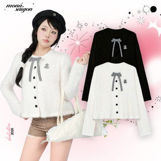 Áo cardigan nữ MONÁ chất len giả lông phối nơ - BAMBI