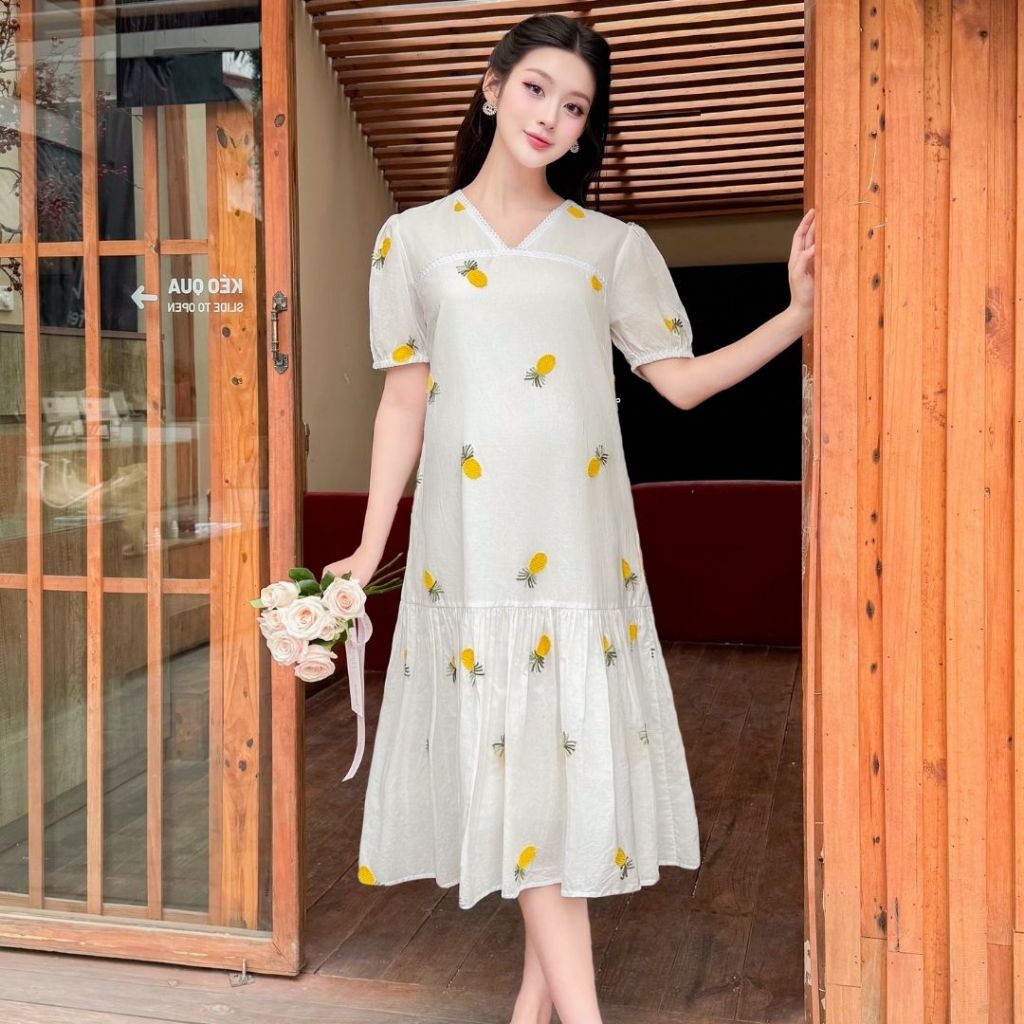 Váy bầu thiết kế cho mẹ bầu và sau sinh, váy cổ V 2 lớp, chất mềm mại, thấm hút mồ hôi, váy mặc mùa hè - v1295 B2MUM