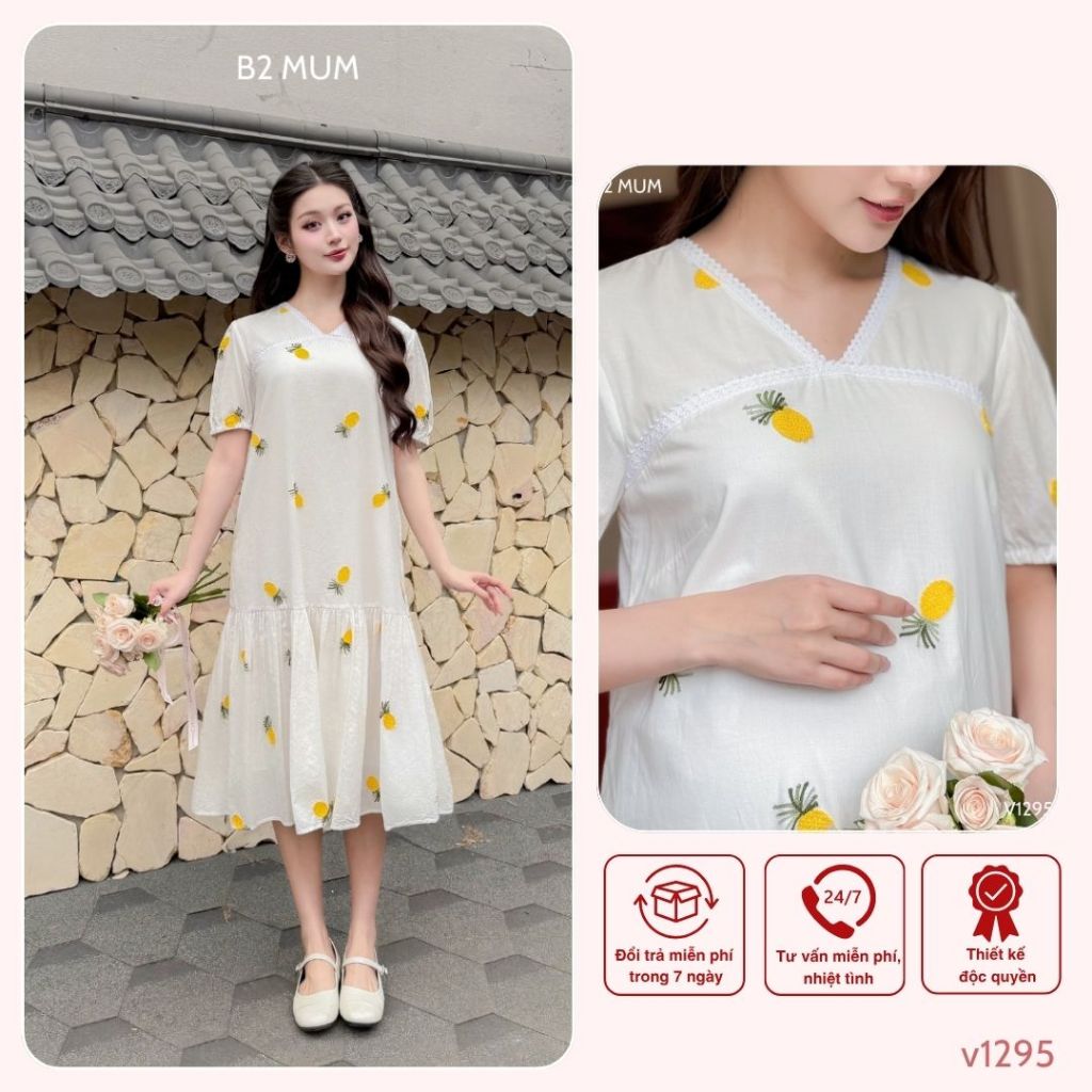 Váy bầu thiết kế cho mẹ bầu và sau sinh, váy cổ V 2 lớp, chất mềm mại, thấm hút mồ hôi, váy mặc mùa hè - v1295 B2MUM
