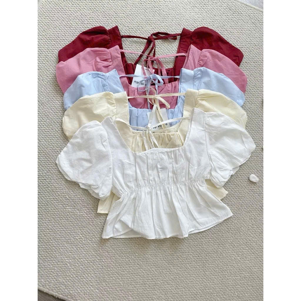 Áo kiểu nữ Joolate babydoll linen tay phồng tiểu thư bo thân nơ coquette ngực