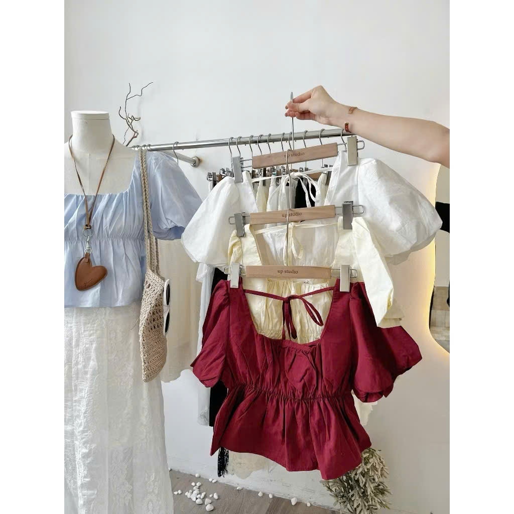 Áo kiểu nữ Joolate babydoll linen tay phồng tiểu thư bo thân nơ coquette ngực