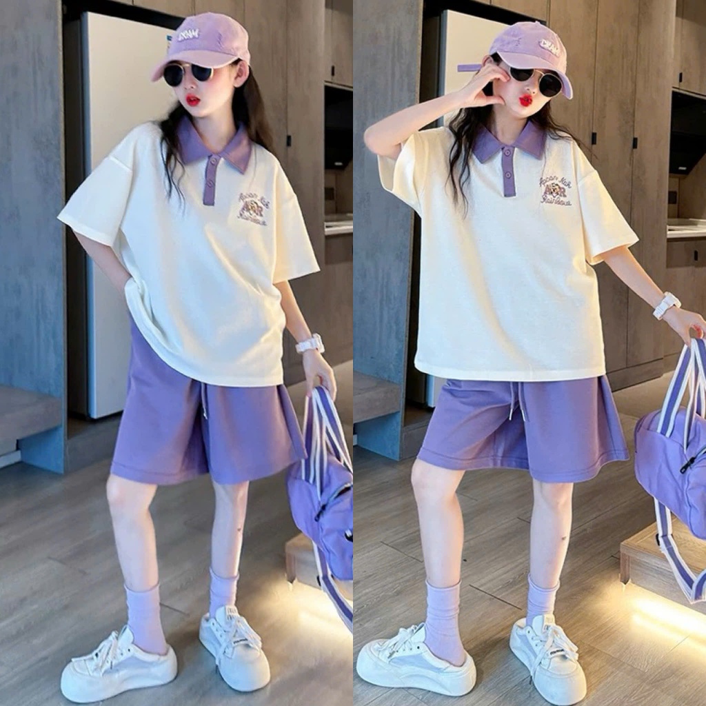 Set áo polo gấu AR kèm quần cho bé gái size đại BEESHOP H25090