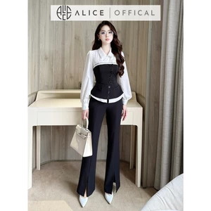 Set Công Sở Chất Chéo Rubi Cao Cấp Alice, Áo Dài Tay Cổ Sơ Mi Phối Thô Hàn, Quần Dài Ống Loe Tôn Dáng S876