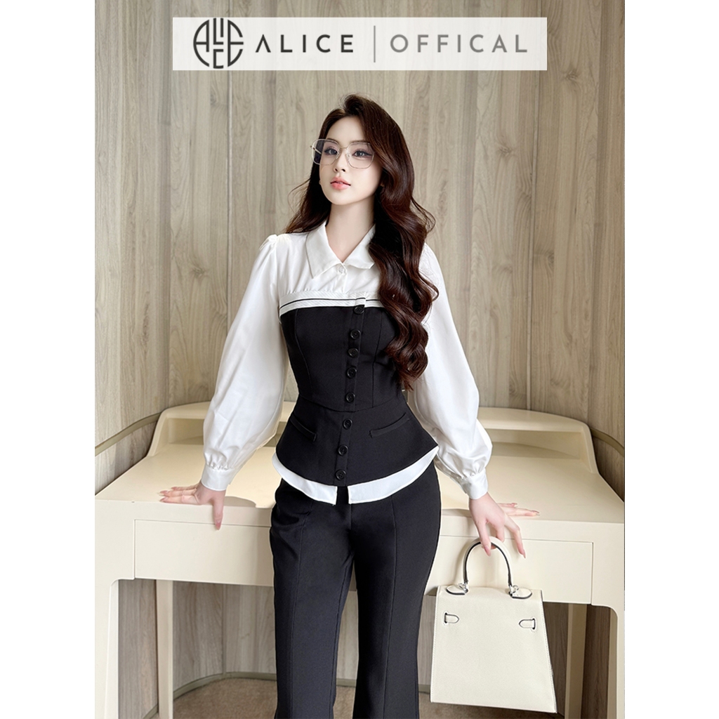 Set Công Sở Chất Chéo Rubi Cao Cấp Alice, Áo Dài Tay Cổ Sơ Mi Phối Thô Hàn, Quần Dài Ống Loe Tôn Dáng S876