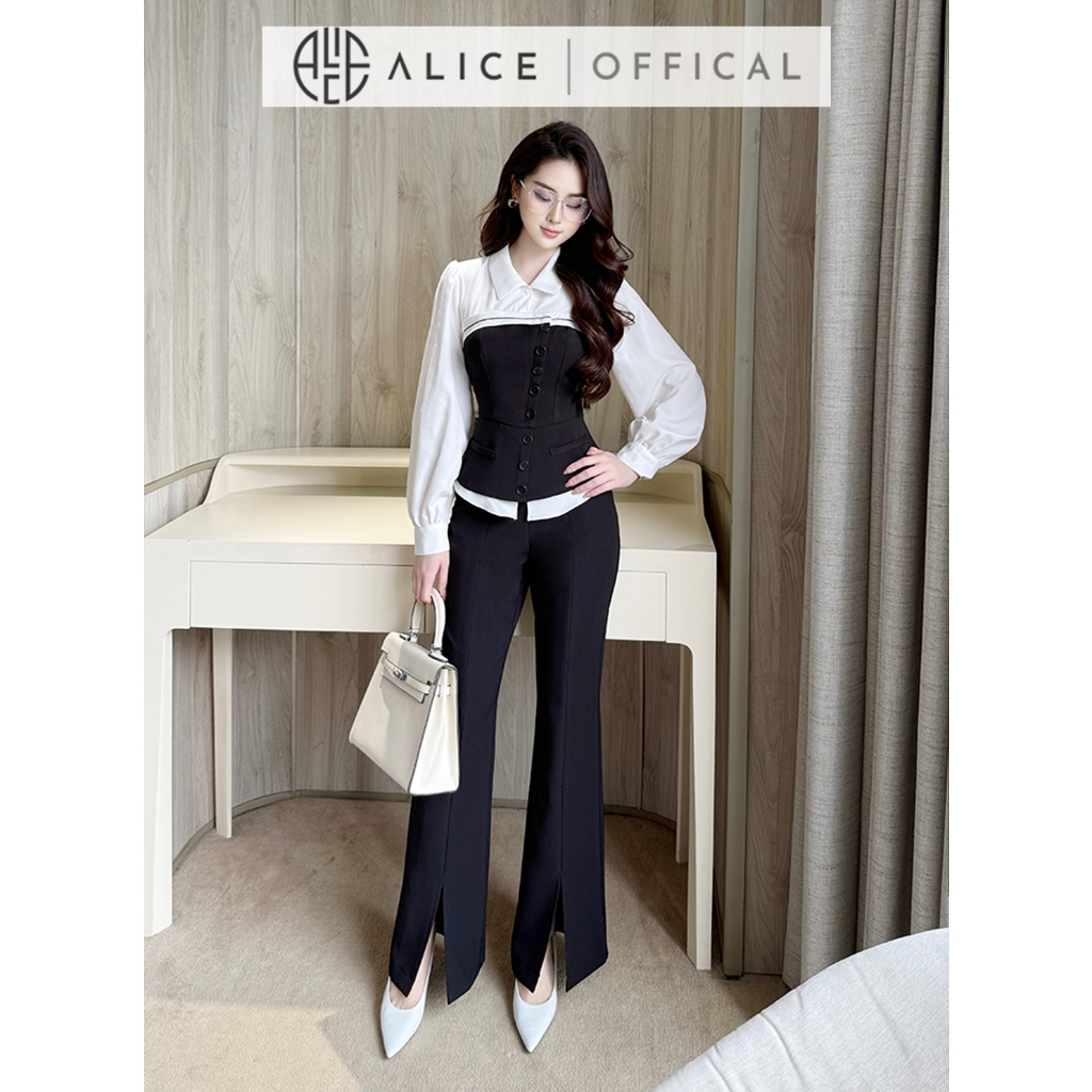 Set Công Sở Chất Chéo Rubi Cao Cấp Alice, Áo Dài Tay Cổ Sơ Mi Phối Thô Hàn, Quần Dài Ống Loe Tôn Dáng S876