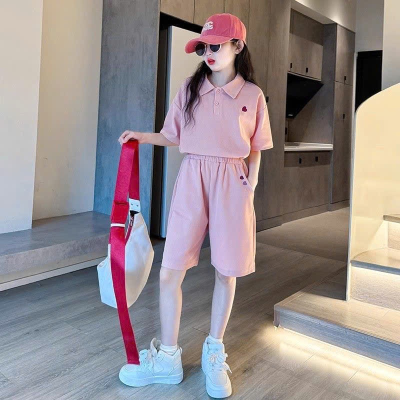 Set áo polo thêu trái tim kèm quần cho bé gái size đại BEESHOP H26023