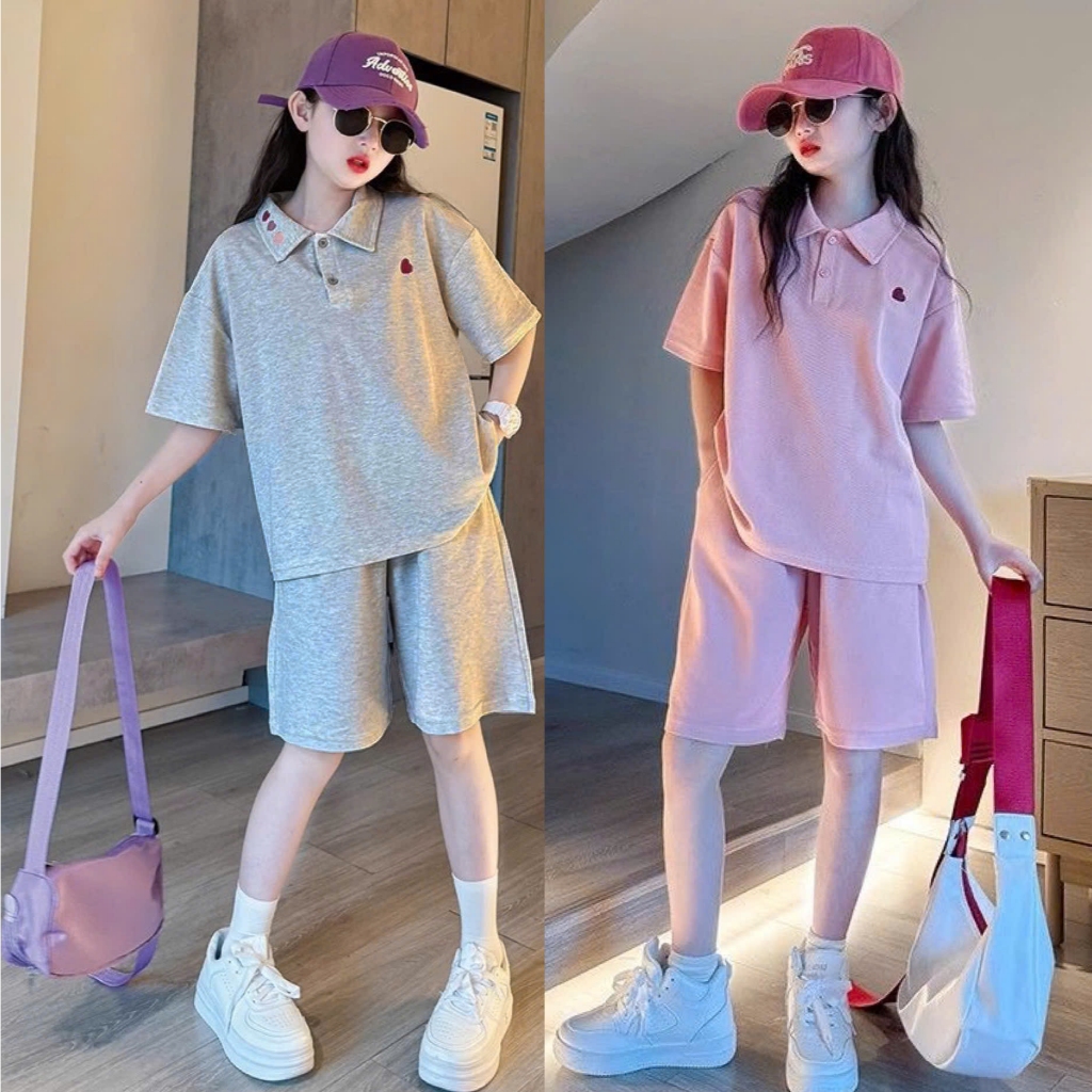 Set áo polo thêu trái tim kèm quần cho bé gái size đại BEESHOP H26023
