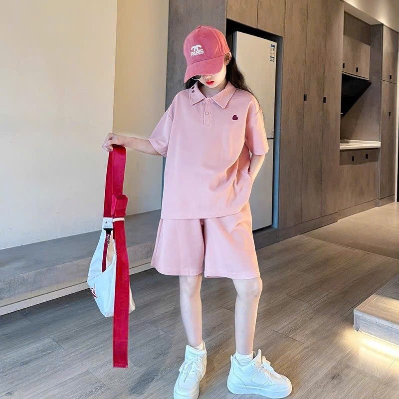Set áo polo thêu trái tim kèm quần cho bé gái size đại BEESHOP H26023