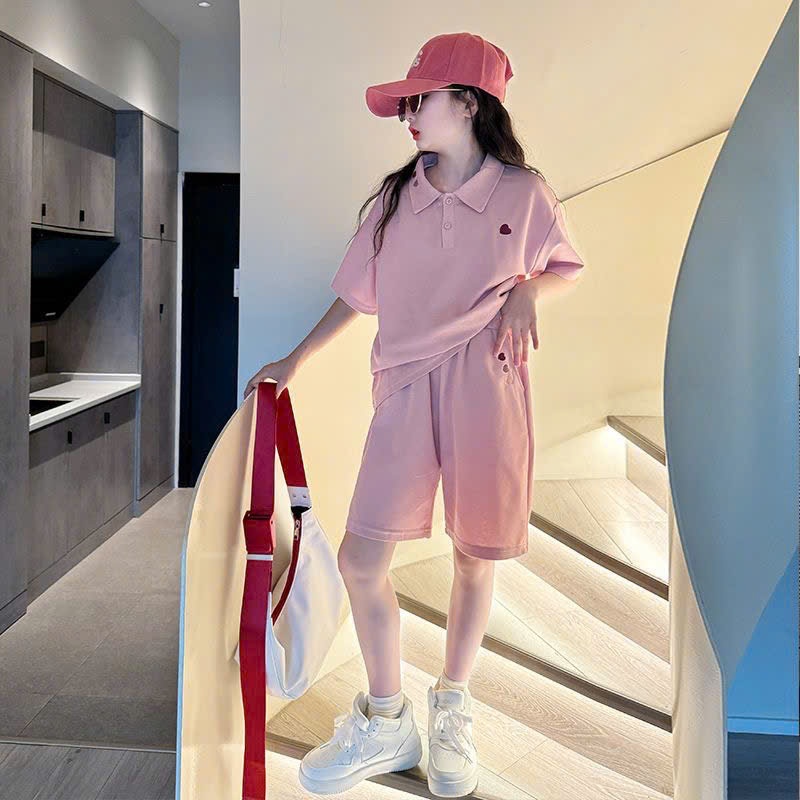 Set áo polo thêu trái tim kèm quần cho bé gái size đại BEESHOP H26023