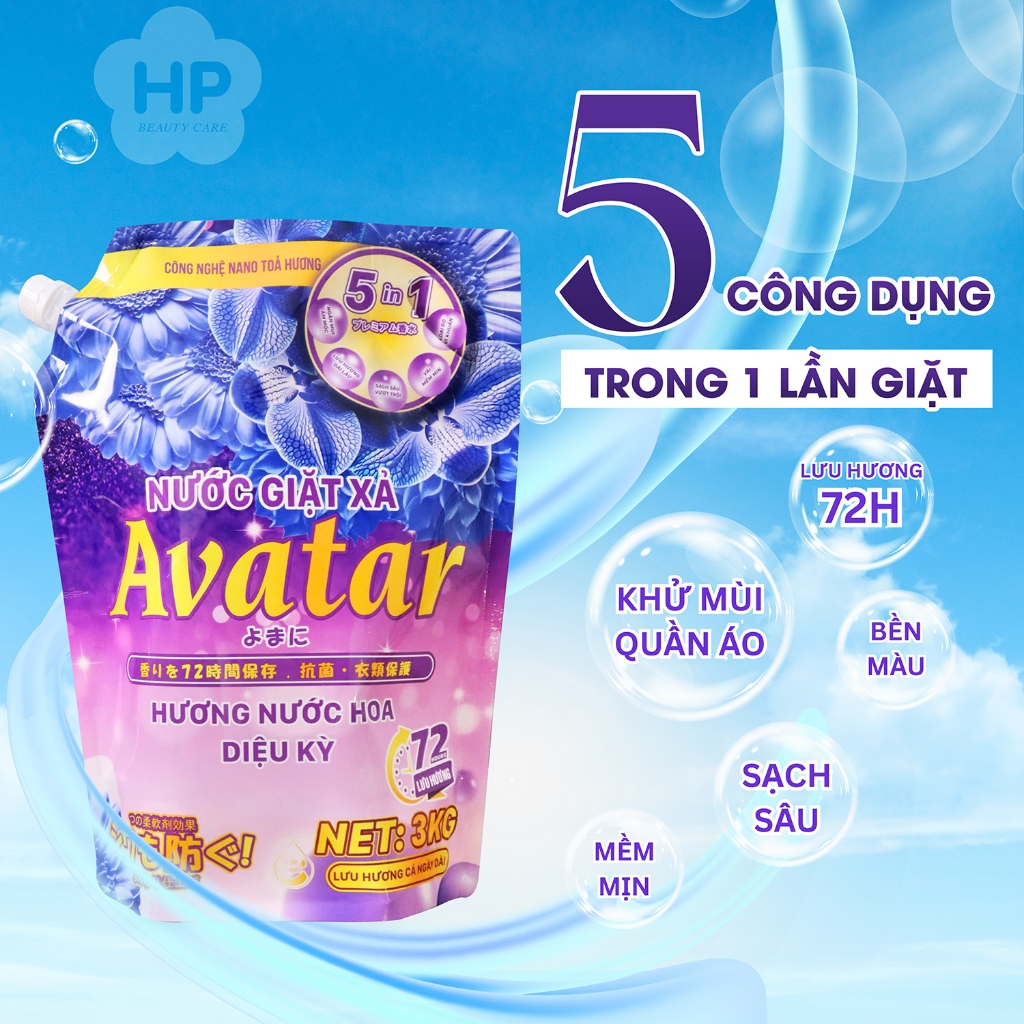Nước Giặt Xả Avatar 5 Trong 1 Lưu Hương 72h 2 Mùi Hương (Túi 3kg)