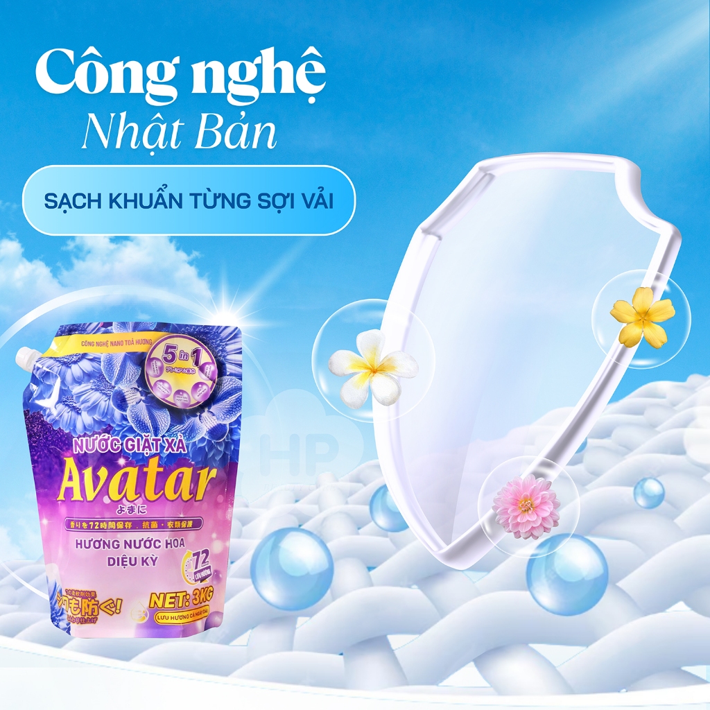Nước Giặt Xả Avatar 5 Trong 1 Lưu Hương 72h 2 Mùi Hương (Túi 3kg)