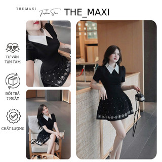 Đầm xoè ngắn cổ sơ mi đính đá 2 lớp sang chảnh Váy xoè nữ cổ sơ mi đính đá mới nhất