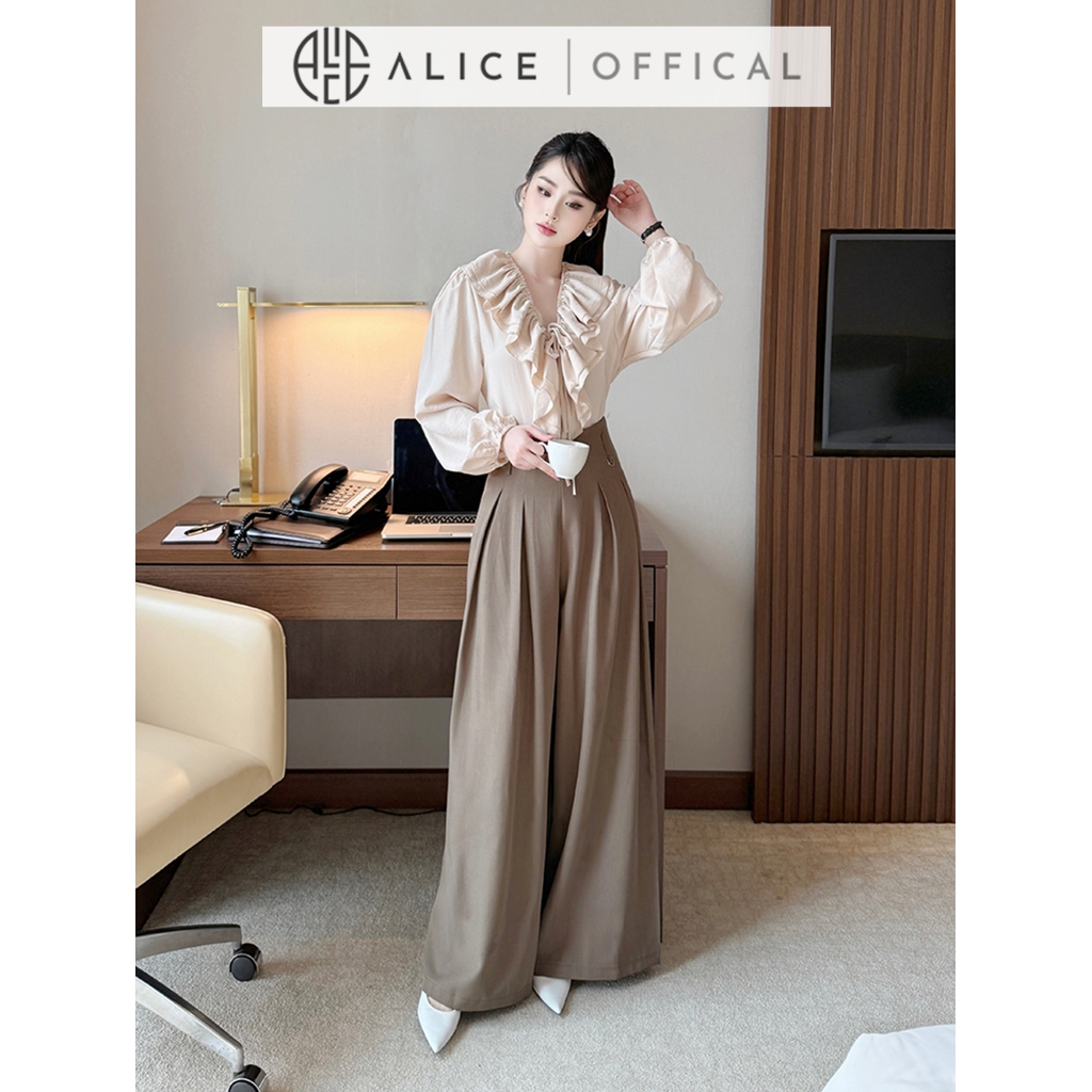 Set Đồ Công Sở Cao Cấp Alice, Áo Thô Dài Tay Cổ Bèo Phối Quần Xước Nhật Ống Rộng Xếp Ly S874