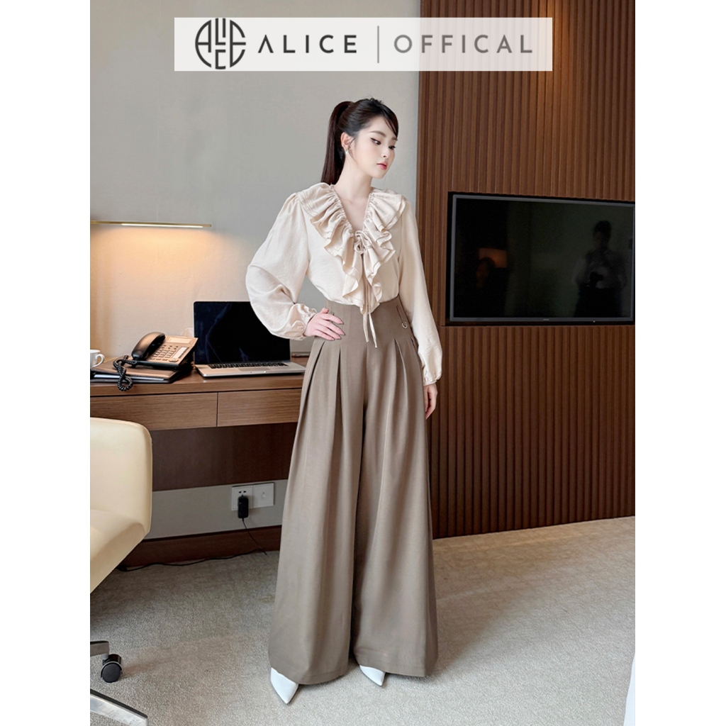 Set Đồ Công Sở Cao Cấp Alice, Áo Thô Dài Tay Cổ Bèo Phối Quần Xước Nhật Ống Rộng Xếp Ly S874