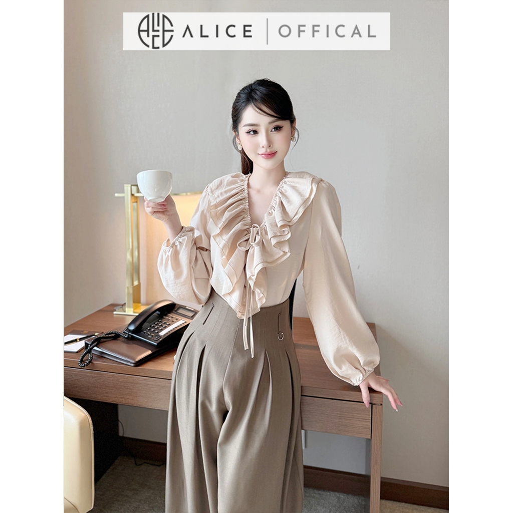 Set Đồ Công Sở Cao Cấp Alice, Áo Thô Dài Tay Cổ Bèo Phối Quần Xước Nhật Ống Rộng Xếp Ly S874