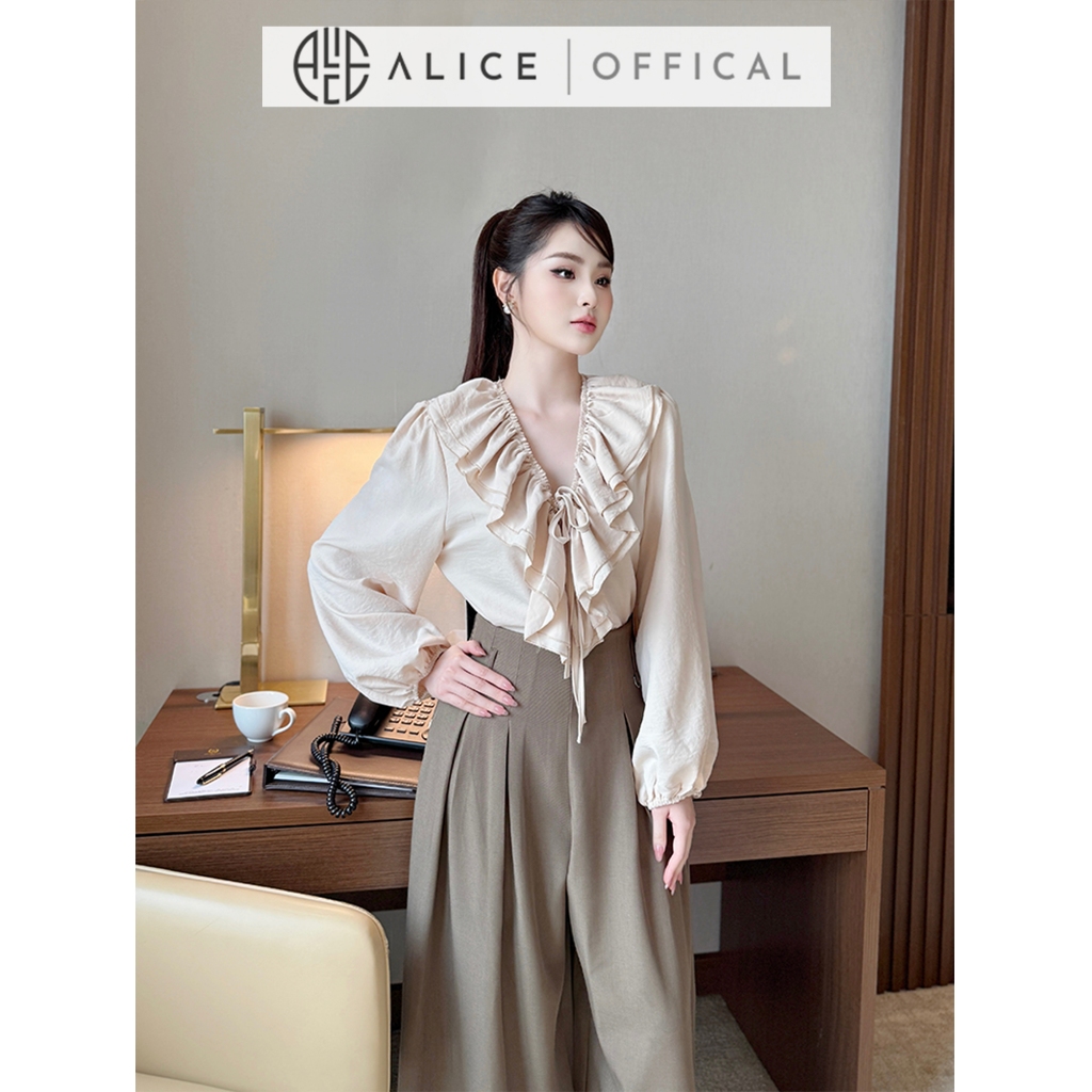 Set Đồ Công Sở Cao Cấp Alice, Áo Thô Dài Tay Cổ Bèo Phối Quần Xước Nhật Ống Rộng Xếp Ly S874
