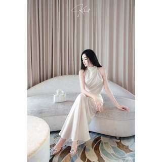 Set Khiết Style cổ yếm chất liệu tằm ướt màu da mềm mại phối tafta kem phong cách dự tiệc KS59