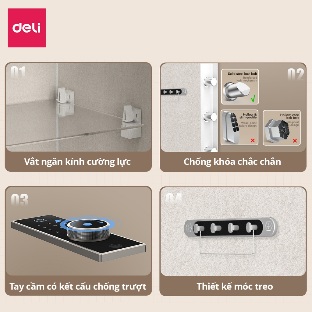 Két Sắt Vân Tay Deli, Két Sắt Điện Tử Thông Minh 4 Phương Thức Mở Khóa Két Nhiều Ngăn Bảo Mật Báo Động Rung Tự Động