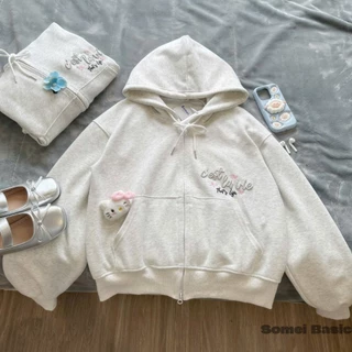Áo hoodie zip Somei Basic thêu chữ nổi 3D, Áo khoác nữ nỉ 2 da cao cấp không dày dáng Boxy có 2 túi trong, mũ to 2 lớp
