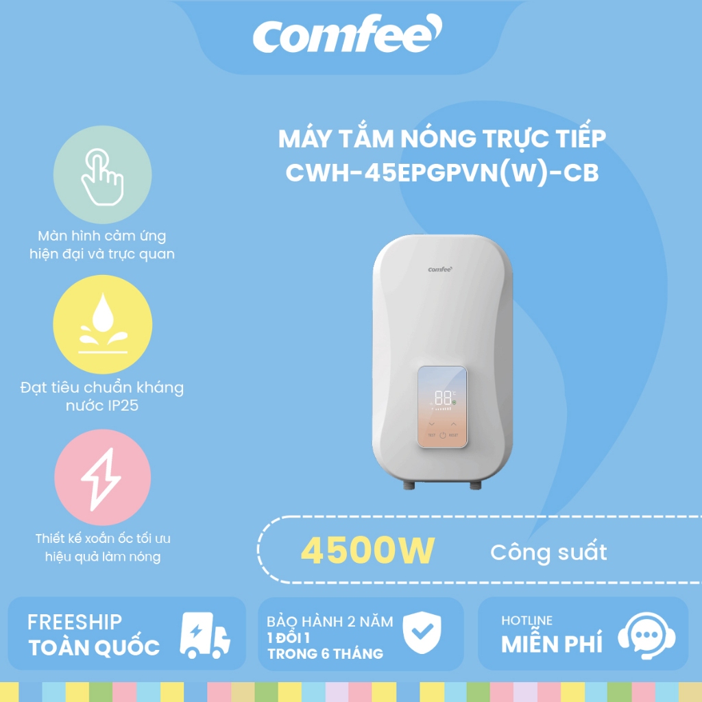 [FREESHIP TOÀN QUỐC] Máy tắm nước nóng trực tiếp COMFEE CWH-45EPGPVN(W)-CB, Có Bơm - Bảo hành 2 năm