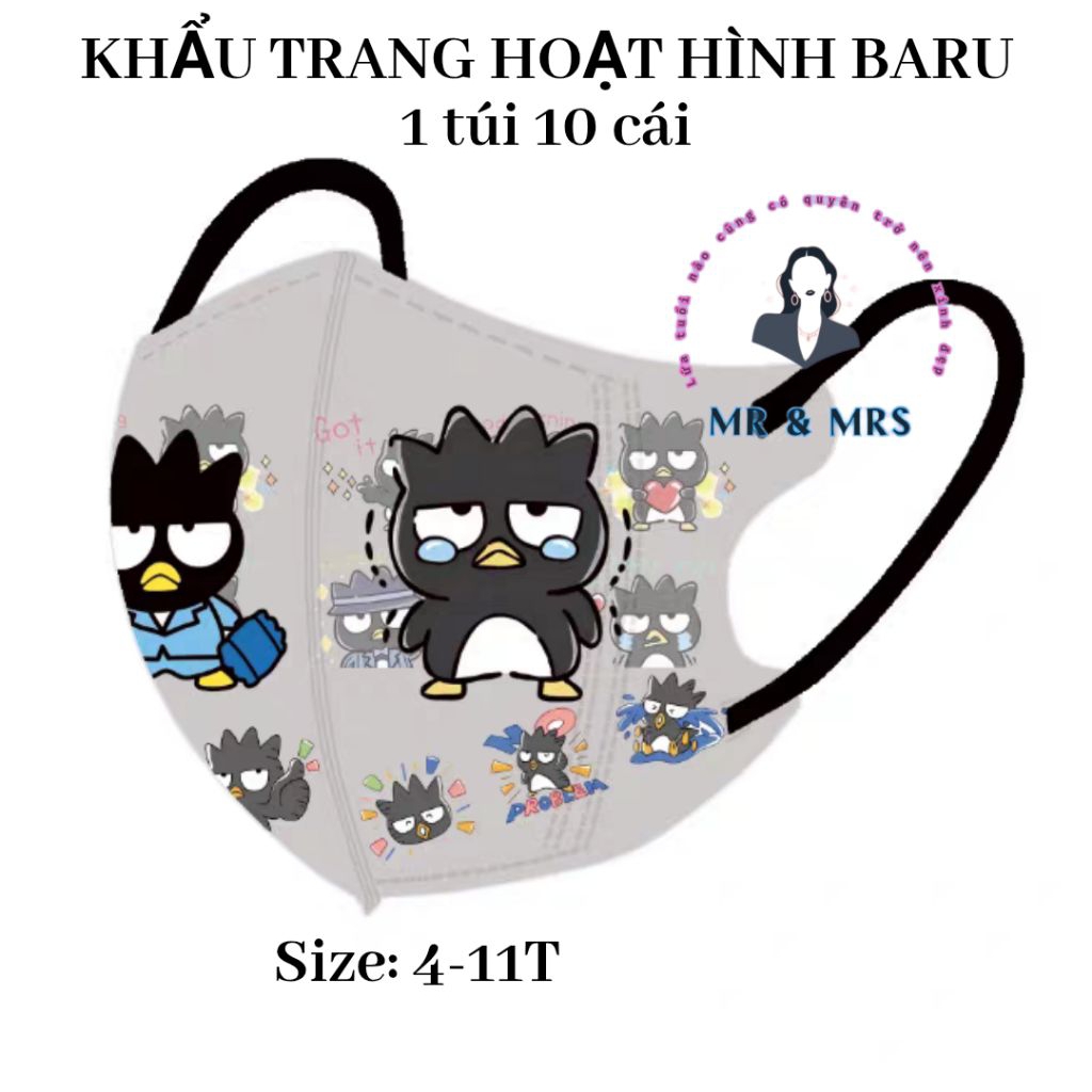 (Set 10/60C) Khẩu Trang Hoạt Hình 3D Baru Cho Bé 4-11T