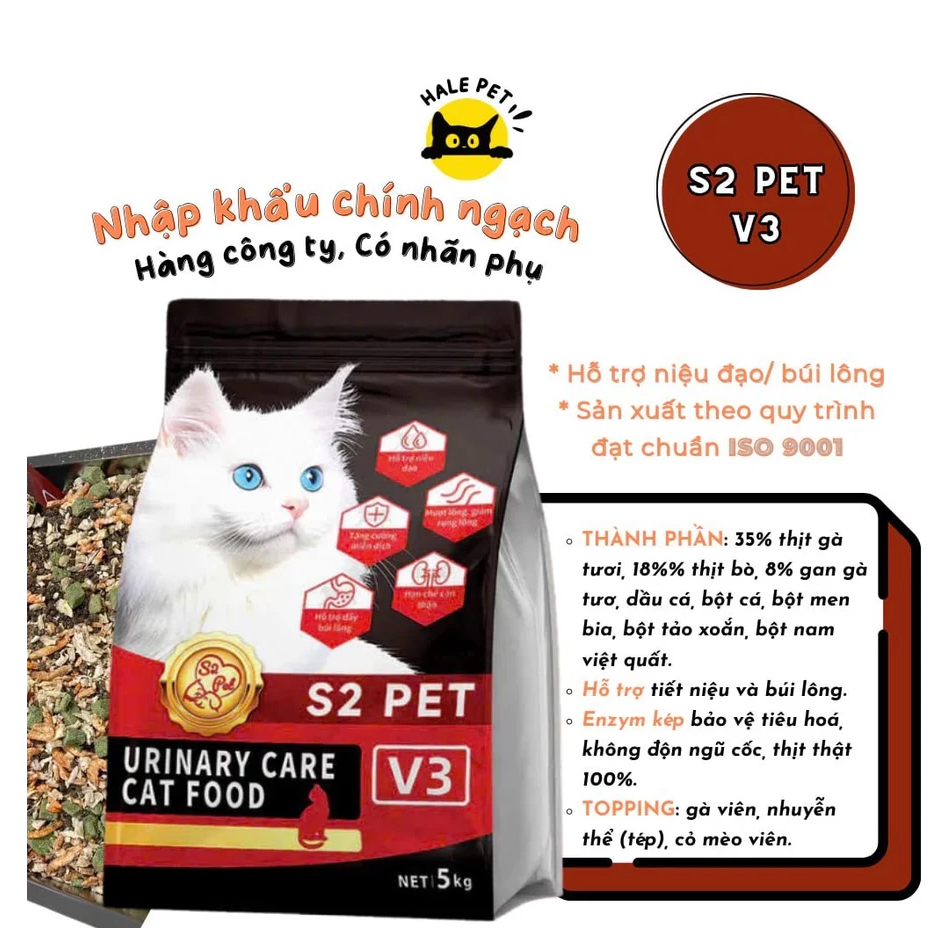Thức Ăn Hạt Cho Mèo S2 PET V3 Gói 1/5Kg Urinary Siêu Topping Hỗ Trợ Tiêu Hóa Và Giảm Búi Lông