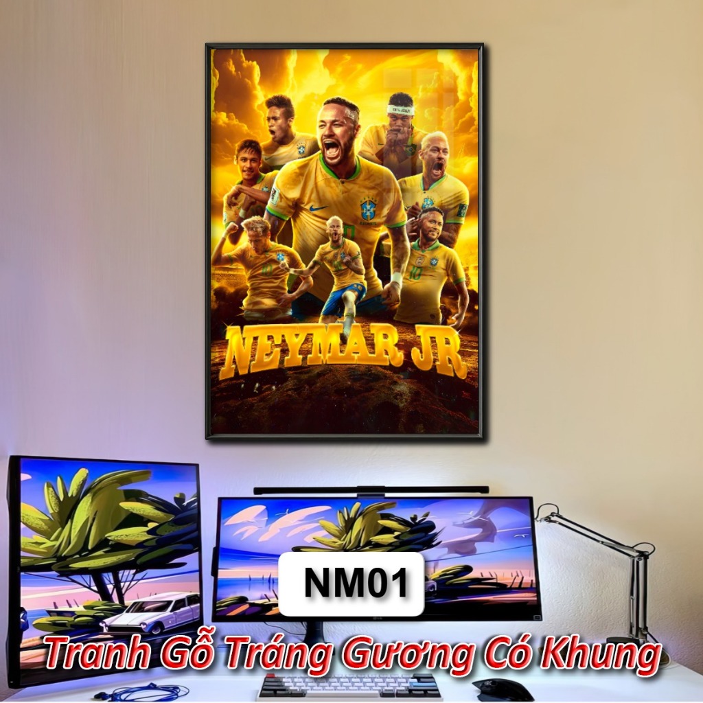 Tranh Cầu Thủ Bóng Đá  Neymar Tráng Gương Khung Composite Decor Treo Tường Trang Trí