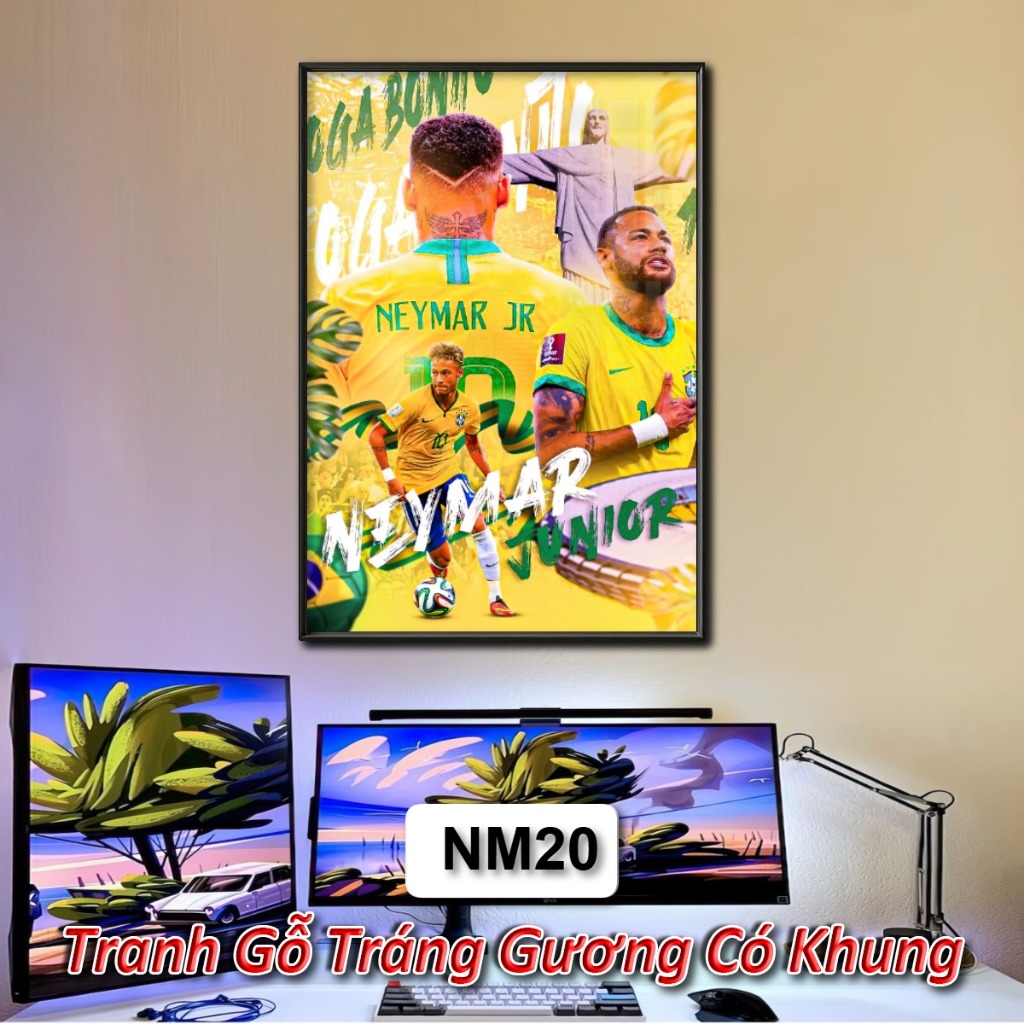 Tranh Cầu Thủ Bóng Đá  Neymar Tráng Gương Khung Composite Decor Treo Tường Trang Trí