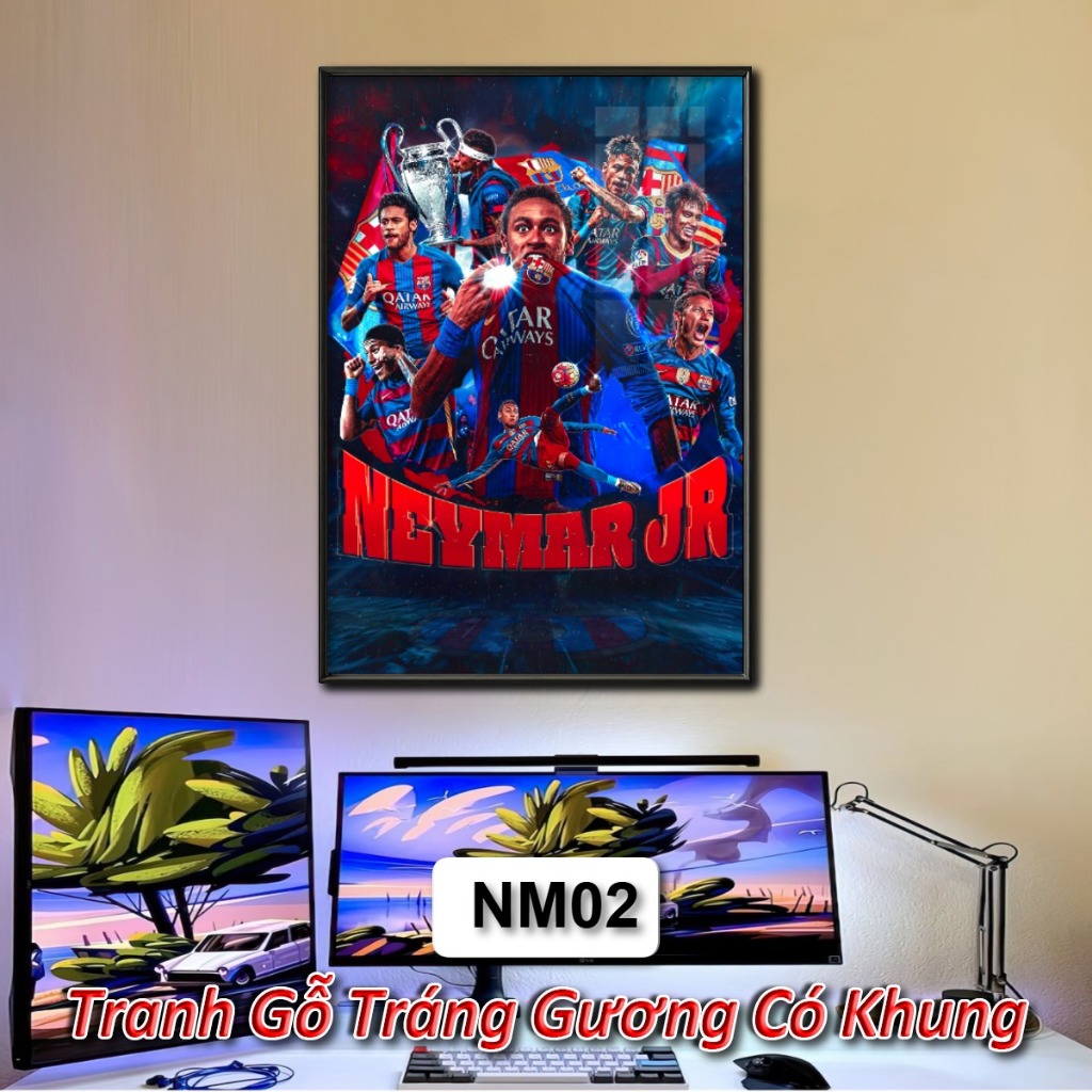 Tranh Cầu Thủ Bóng Đá  Neymar Tráng Gương Khung Composite Decor Treo Tường Trang Trí