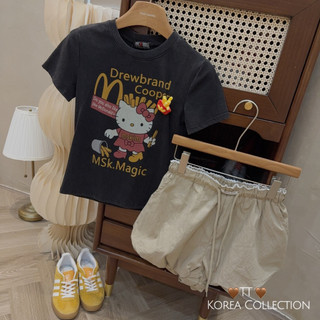 Áo phông cotton hình kitty cầm khoai tây MCdonal màu đen bạc form gọn