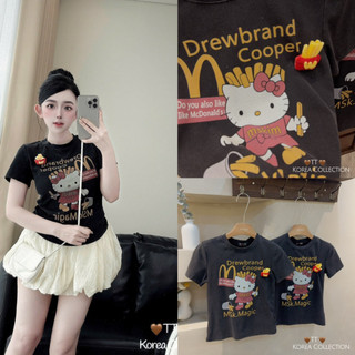 Áo phông cotton hình kitty cầm khoai tây MCdonal màu đen bạc form gọn