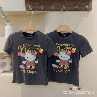 Áo phông cotton hình kitty cầm khoai tây MCdonal màu đen bạc form gọn