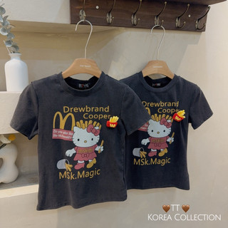 Áo phông cotton hình kitty cầm khoai tây MCdonal màu đen bạc form gọn