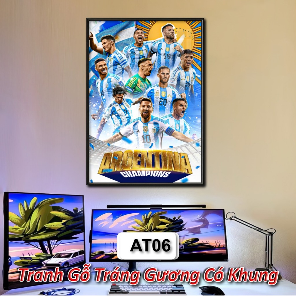 Tranh Đội Tuyển Bóng đá Argentina, Messi - Tranh Tráng Gương Khung Composite Decor Treo Tường Trang Trí