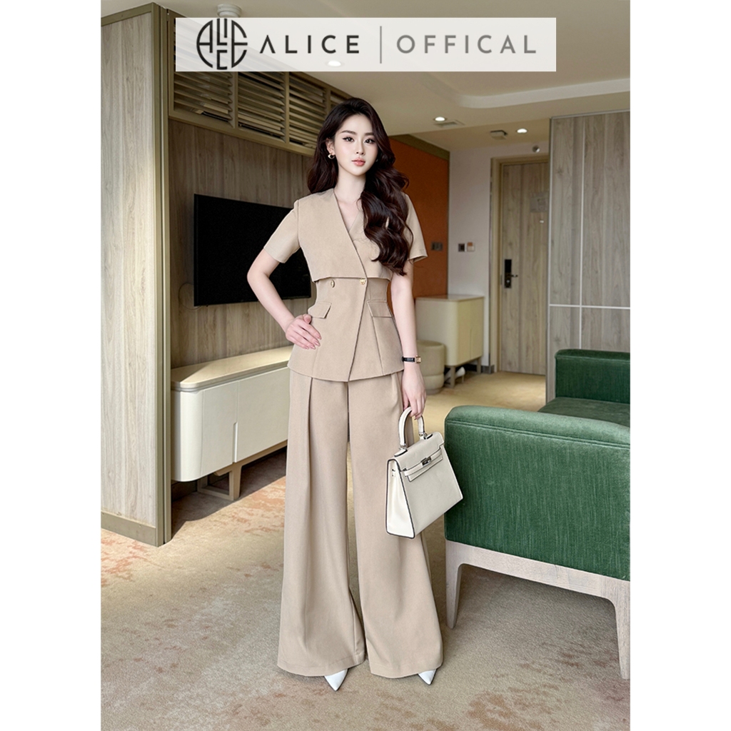 Set Đồ Công Sở Thanh Lịch Alice Chất Gold Nhật, Áo Vest Ngắn Tay Cách Điệu Cổ V Thắt Eo Phối Quần Ống Rộng Cạp Cao S877