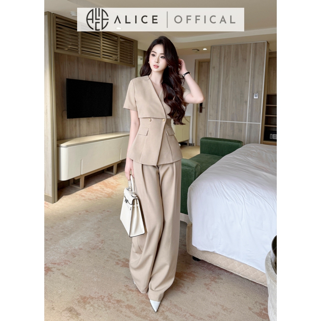 Set Đồ Công Sở Thanh Lịch Alice Chất Gold Nhật, Áo Vest Ngắn Tay Cách Điệu Cổ V Thắt Eo Phối Quần Ống Rộng Cạp Cao S877