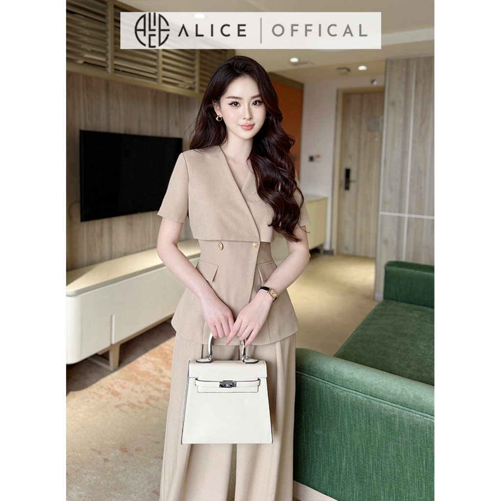 Set Đồ Công Sở Thanh Lịch Alice Chất Gold Nhật, Áo Vest Ngắn Tay Cách Điệu Cổ V Thắt Eo Phối Quần Ống Rộng Cạp Cao S877