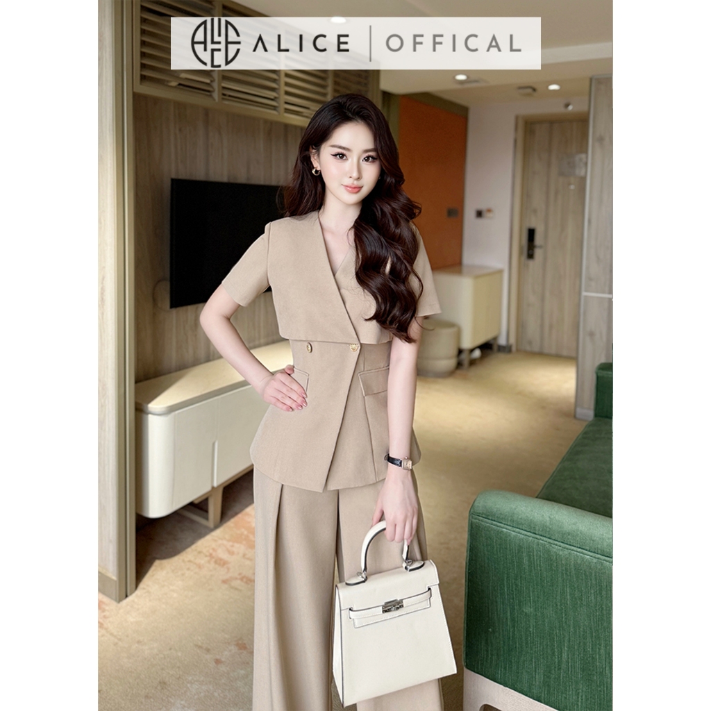 Set Đồ Công Sở Thanh Lịch Alice Chất Gold Nhật, Áo Vest Ngắn Tay Cách Điệu Cổ V Thắt Eo Phối Quần Ống Rộng Cạp Cao S877