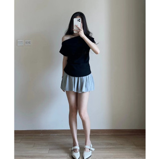 Áo kiểu nữ lệch vai xếp ly eo điệu đà Forgirl áo thun trễ vai form vừa chất vải tăm co dãn mềm mịn T075