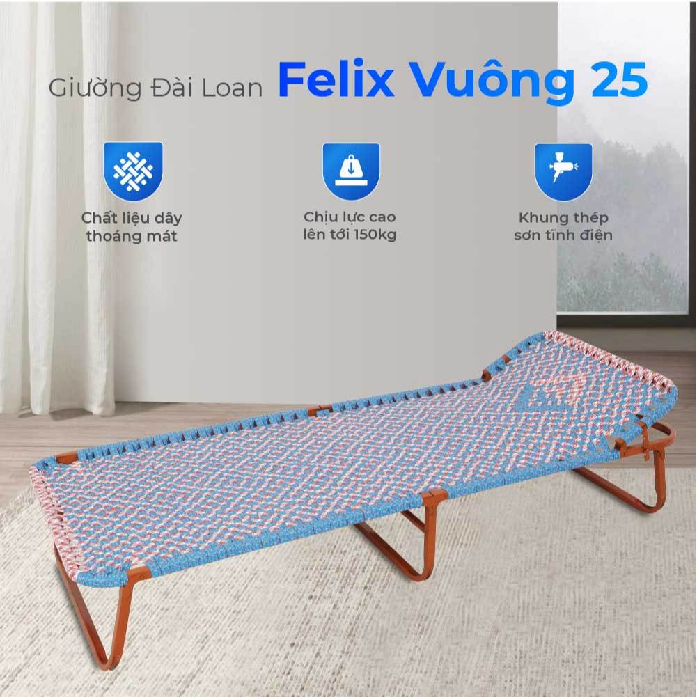 Giường gấp gọn Felix QUI PHÚC, dây nhựa cao cấp, thoáng khí, khung thép chắc chắn, xếp mở dễ dàng