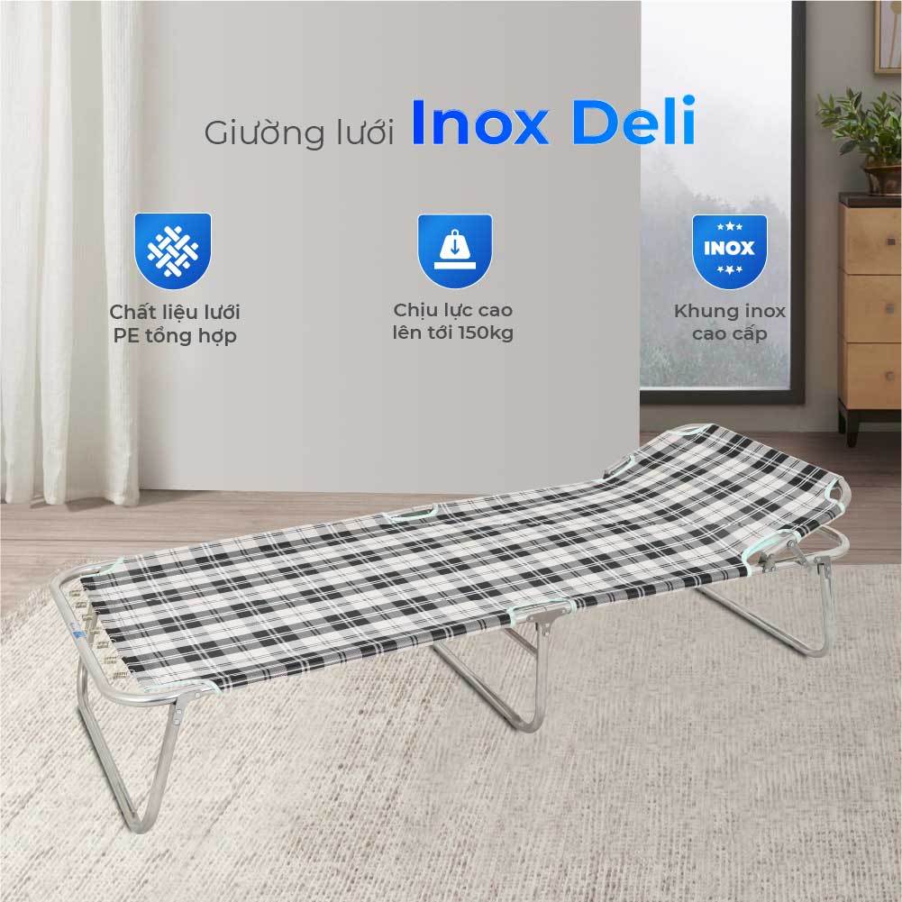 Giường gấp gọn inox Deli QUI PHÚC, lưới bố cao cấp, thoáng khí, đàn hồi tốt, bền chắc, dễ dàng cất giữ, mang đi
